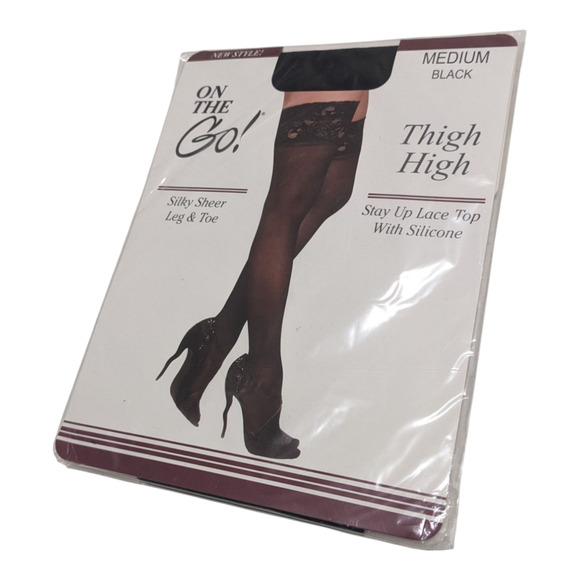 On The Go! Lace Top Thigh High Silky Sheer Stockings Black Size M New 5-Pack - Picture 2 of 4